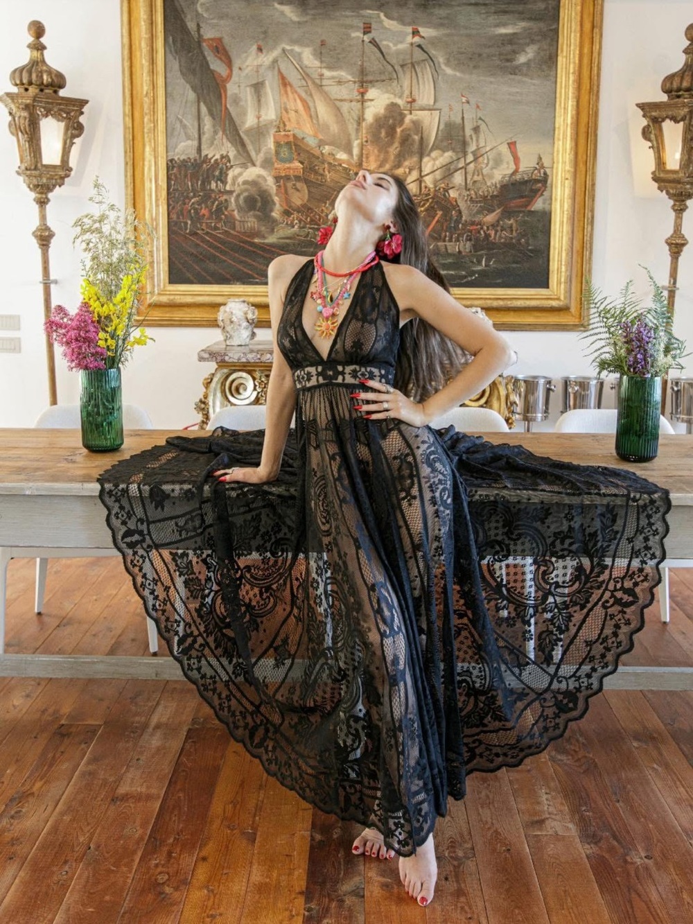ANTICA SARTORIA 2026 CHIC BLACK LACE HALTER BACKLESS DRESS NWT O/S
